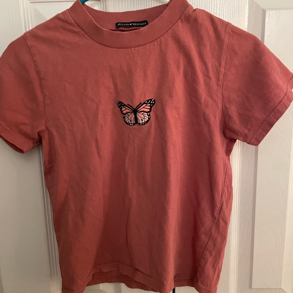 Brandy Melville Pink Embroidered Butterfly Tee